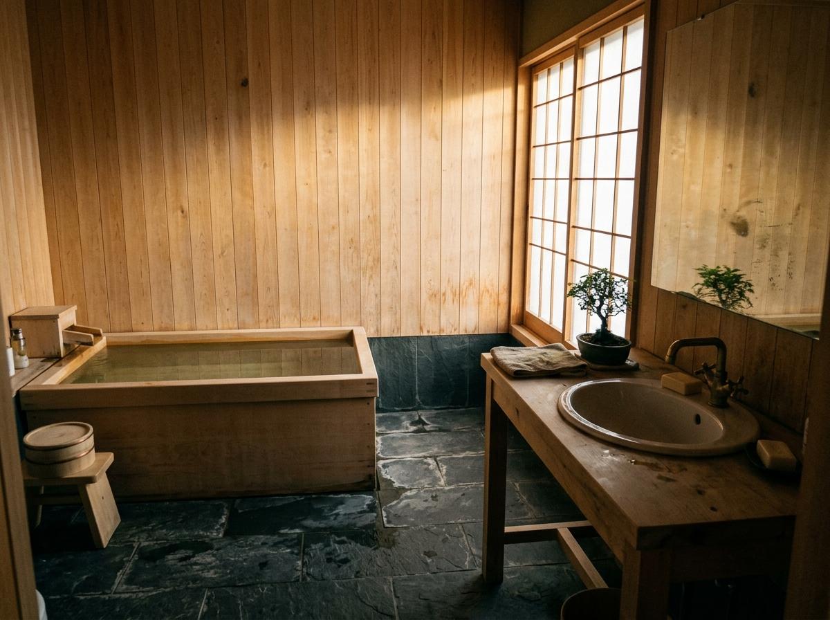 Warm Wood Accents Define This Earth Tone Japandi Bathroom