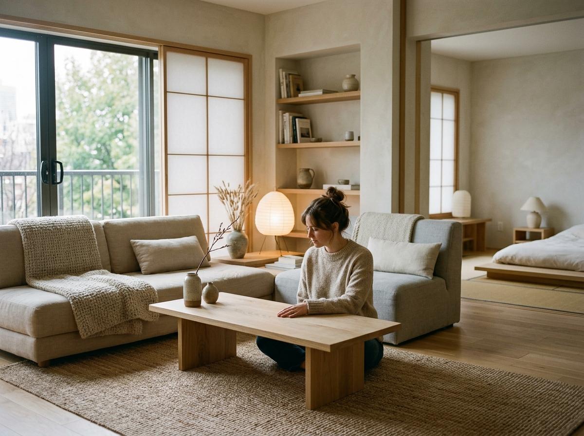Warm Wood And Soft Neutrals Define This Japandi Living Room