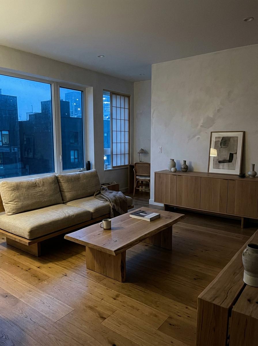 Warm Wood Tones Define This Modern Japandi Living Room Style