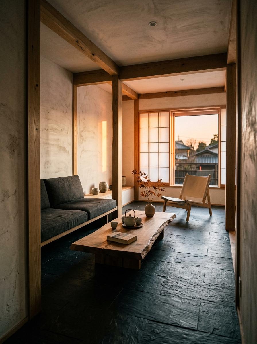 Warm Wood Tones Meet Minimalist Zen Japandi Living Room