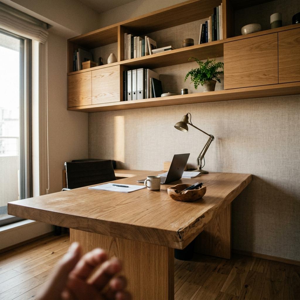 Wood Accents Anchor This Sophisticated Cozy Japandi Office