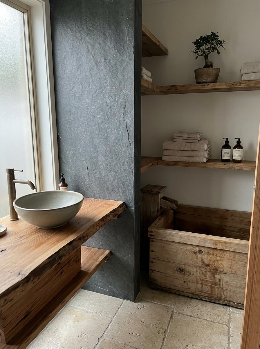 Wood And Stone Harmony In A Japandi Bathroom