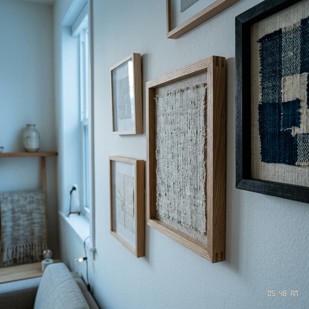 Wood Frames And Textile Details In Japandi Living Room Wall Art