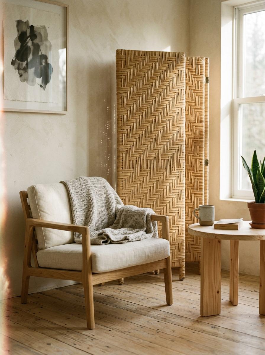 Woven Wood Accents In A Beautiful Japandi Inspired Space