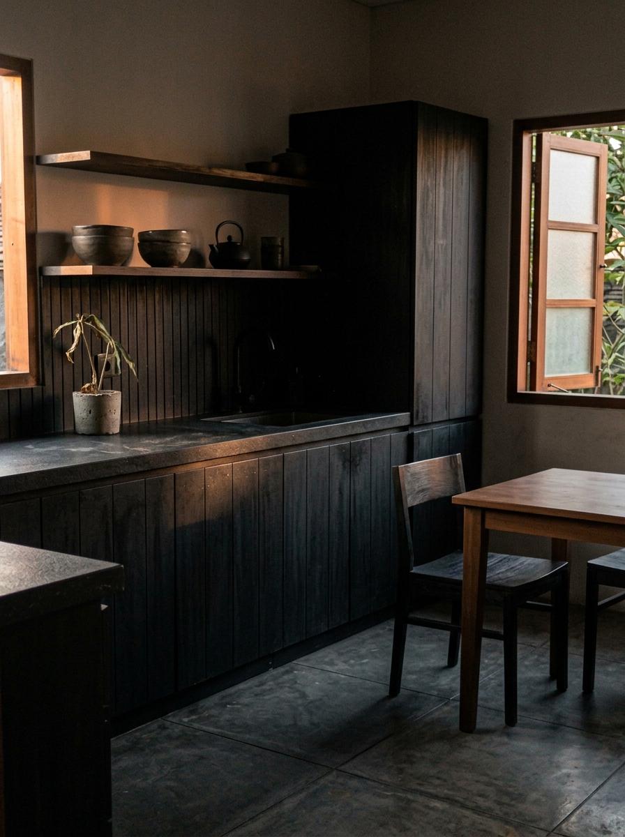 Zen Aesthetics For A Contemporary Dark Japandi Kitchen Setup