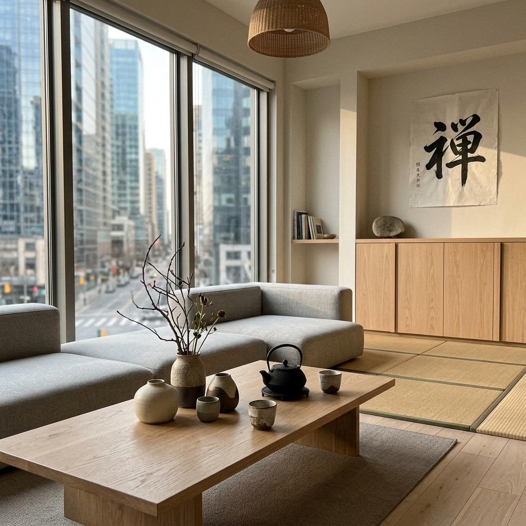 Zen Inspired Accents Within This Modern Japandi Living Room